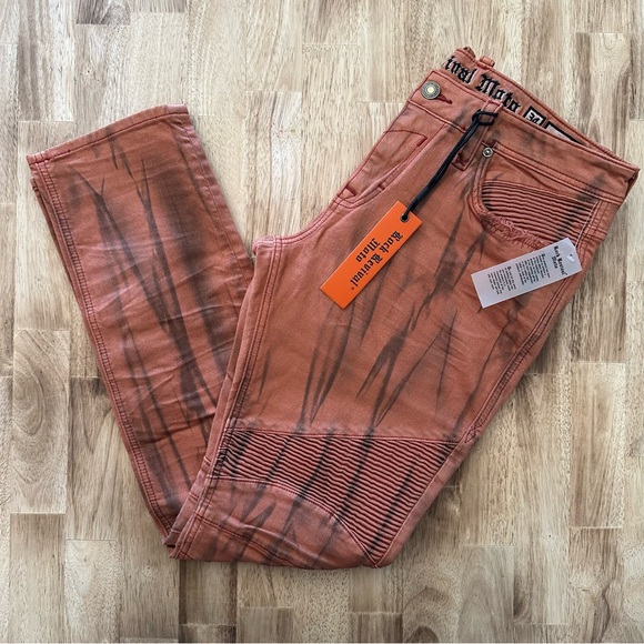 Rock Revival Moto Jeans Ivan Slim Straight Mens Size 40 Orange Biker Y2K Dye - Picture 2 of 6